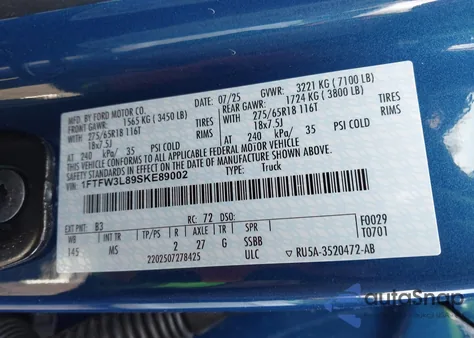 2025 Ford F-150 Xlt z USA, uszkodzony, nr VIN 1FTFW3L89SKE89002